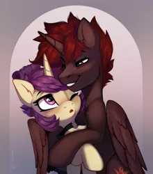 Size: 1854x2103 | Tagged: safe, artist:taneysha, derpibooru import, oc, oc:hardy, oc:lavrushka, unofficial characters only, alicorn, pony, unicorn, alicorn oc, blushing, choker, horn, hug, image, one eye closed, png, unicorn oc, wings