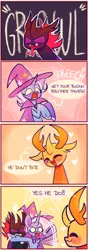 Size: 690x1967 | Tagged: safe, artist:sockiepuppetry, derpibooru import, pharynx, thorax, trixie, changedling, changeling, pony, unicorn, angry, biting, blushing, brothers, cape, clothes, comic, eyes closed, female, growling, hat, heart, image, male, mare, meme, oblivious, open mouth, png, ponified meme, scared, siblings, tongue out, trio, trixie's cape, trixie's hat, unshorn fetlocks, vine video