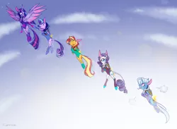 Size: 3010x2200 | Tagged: safe, artist:carrion1750, derpibooru import, rarity, starlight glimmer, sunset shimmer, trixie, twilight sparkle, twilight sparkle (alicorn), alicorn, anthro, unicorn, clothes, cloud, female, flying, happy, image, jetpack, leotard, png, sky, sky background