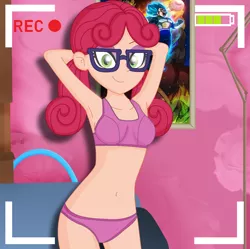 Size: 1444x1436 | Tagged: suggestive, artist:cyber-murph, derpibooru import, alizarin bubblegum, equestria girls, arm behind head, armpits, bedroom, belly button, breasts, camera shot, clothes, couch, cute, dragon ball, dragon ball super, eyeshadow, female, glasses, image, lamp, looking at you, makeup, midriff, pigtails, png, poster, recording, solo, solo female, training bra, underwear