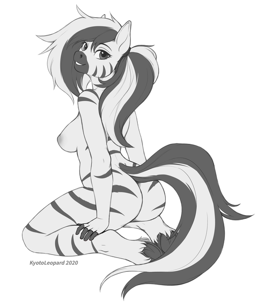 Size: 2542x2894 | Tagged: questionable, artist:kyotokisha15, derpibooru import, oc, oc:kinky beer, unofficial characters only, anthro, unguligrade anthro, zebra, breasts, butt, female, hair tie, image, looking at you, looking back, monochrome, nipples, nudity, png, sideboob, simple background, smiling, solo, underhoof, white background