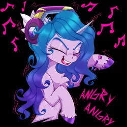 Size: 2500x2500 | Tagged: safe, artist:rurihal, derpibooru import, izzy moonbow, pony, unicorn, my little pony: a new generation, angry mob, black background, bracelet, chest fluff, danger danger, eyes closed, female, g5, headphones, image, jewelry, listening to music, mare, open mouth, png, simple background, solo, unshorn fetlocks