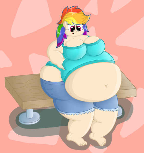 Size: 1280x1363 | Tagged: suggestive, artist:dullpoint, derpibooru import, rainbow dash, human, barefoot, bbw, belly, belly grab, bench, big belly, big breasts, breasts, busty rainbow dash, fat, feet, female, huge belly, humanized, image, jpeg, morbidly obese, obese, rainblob dash, sitting, solo, solo female, ssbbw