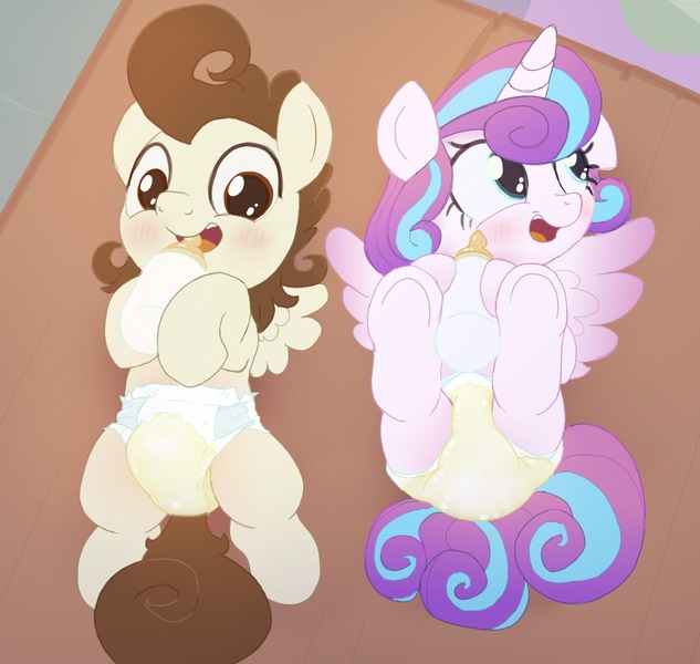 Size: 1451x1375 | Tagged: questionable, artist:asdfasfasda, derpibooru import, pound cake, princess flurry heart, alicorn, pegasus, pony, blushing, diaper, diaper fetish, duo, fetish, foal bottle, image, jpeg, legs in air, lying down, non-baby in diaper, older, older flurry heart, older pound cake, on back, open mouth, pissing, smiling, spread legs, spreading, urine, wet diaper, wetting