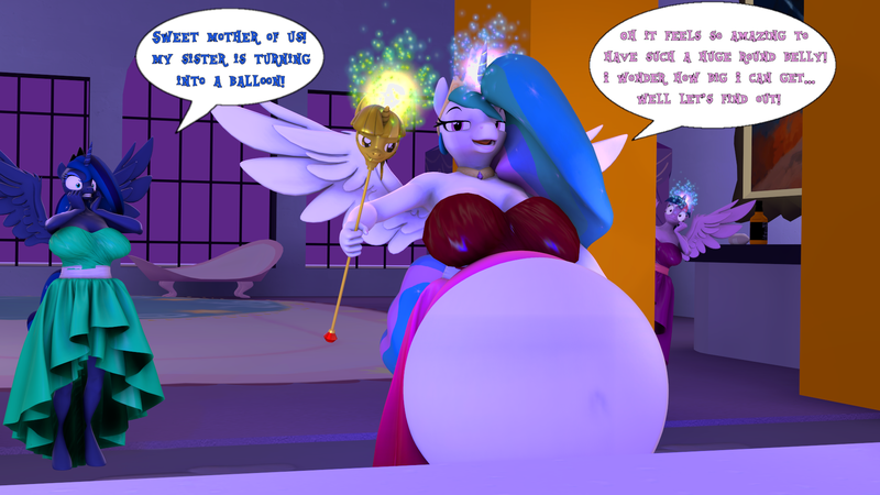 Size: 1920x1080 | Tagged: questionable, artist:zapattackinflation, derpibooru import, princess celestia, princess luna, twilight sparkle, alicorn, anthro, alcohol, belly, belly button, belly inflation, big belly, blimpestia, breasts, busty princess celestia, busty princess luna, busty twilight sparkle, canterlot castle, clothes, dress, female, glow, glowing horn, gown, horn, image, jack daniels, magic, magic inflation, photo, png, royal sisters, scepter, shocked, shocked expression, siblings, sisters, speech bubble, spread wings, text, twilight scepter, whiskey, wingboner, wings