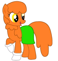 Size: 868x921 | Tagged: safe, artist:rainysweet, derpibooru import, oc, oc:ginger janes, earth pony, pony, clothes, diaginges, earth pony oc, female, g4, gloves, green skirt, image, mare, open mouth, open smile, orange hair, orange mane, orange tail, png, raised hoof, raised leg, simple background, skirt, smiling, solo, sweater, tail, transparent background, yellow eyes