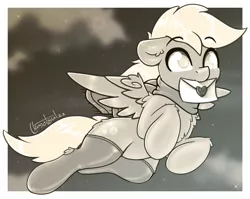 Size: 1623x1294 | Tagged: safe, artist:llametsul, derpibooru import, derpy hooves, pegasus, pony, chest fluff, clothes, cute, ear fluff, female, floppy ears, flying, image, mare, monochrome, mouth hold, png, scarf, signature, socks, solo, stockings, thigh highs