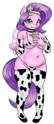Size: 525x1191 | Tagged: suggestive, artist:ahobobo, derpibooru import, pipp petals, anthro, pegasus, bell, bell collar, belly button, big breasts, bikini, breasts, choker, chubby, clothes, collar, cowbell, cowprint, detached sleeves, female, g5, image, looking at you, mobile phone, phone, png, selfie, smartphone, smiling, smiling at you, socks, solo, solo female, stupid sexy pipp petals, swimsuit, thigh highs