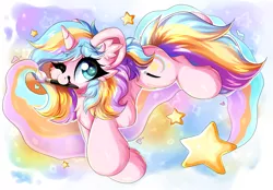 Size: 2500x1744 | Tagged: safe, artist:woonborg, derpibooru import, oc, oc:oofy colorful, unofficial characters only, pony, unicorn, artfight, chest fluff, colorful, cute, ear fluff, fluffy, happy, image, looking at you, mouth hold, one eye closed, paintbrush, png, smiling, solo, stars, wink