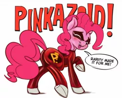 Size: 1302x1040 | Tagged: suggestive, artist:applepost67, derpibooru import, pinkie pie, earth pony, butt, clothes, color, costume, female, freakazoid, image, implied rarity, jpeg, latex, latex suit, plot, simple background, solo, solo female, speech bubble, white background