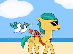 Size: 2000x1500 | Tagged: safe, artist:blazewing, derpibooru import, hitch trailblazer, kenneth, bird, crab, earth pony, pony, seagull, my little pony: tell your tale, atg 2022, beach, cloud, colored background, drawpile, flying, g5, image, male, mcsnips-a-lot, newbie artist training grounds, ocean, png, sand, sheriff's badge, smiling, stallion, sunglasses, walking, water