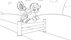 Size: 1920x1080 | Tagged: safe, artist:spritepony, derpibooru import, applejack, earth pony, pony, applejack's hat, cowboy hat, fence, hat, image, jumping, leaping, lineart, obstacle course, png, sketch, solo