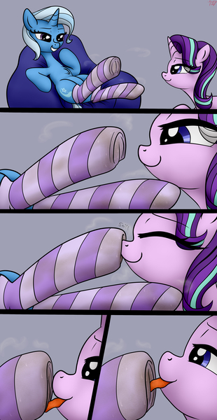 Size: 3200x6200 | Tagged: suggestive, artist:littlenaughtypony, derpibooru import, starlight glimmer, trixie, pony, unicorn, clothes, comic, dirty hooves, dirty socks, female, fetish, frog (hoof), hoof fetish, hoof licking, hoof worship, image, jpeg, lesbian, licking, shipping, sitting, smelly, smelly hooves, smelly socks, smiling, smirk, socks, startrix, striped socks, sweat, sweaty hooves, sweaty socks, tongue out, underhoof