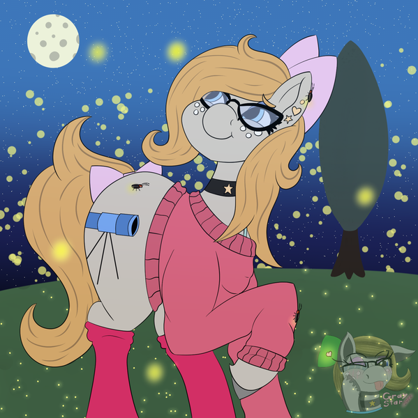 Size: 1600x1602 | Tagged: safe, artist:gray star, derpibooru import, oc, oc:gray star, beetle, firefly (insect), insect, pony, bow, choker, clothes, derpibooru exclusive, female, forest, glasses, hair bow, happy, image, mare, night, png, smiling, socks, sweater, tail, tail bow, tree