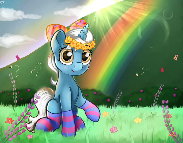 Size: 1280x998 | Tagged: safe, artist:appleneedle, derpibooru import, oc, oc:zinnia, pony, unicorn, art, bow, character, clothes, cloud, cute, digital, draw, drawing, fanart, female, filly, flower, foal, image, jpeg, nature, paint, painting, rainbow, socks, sun