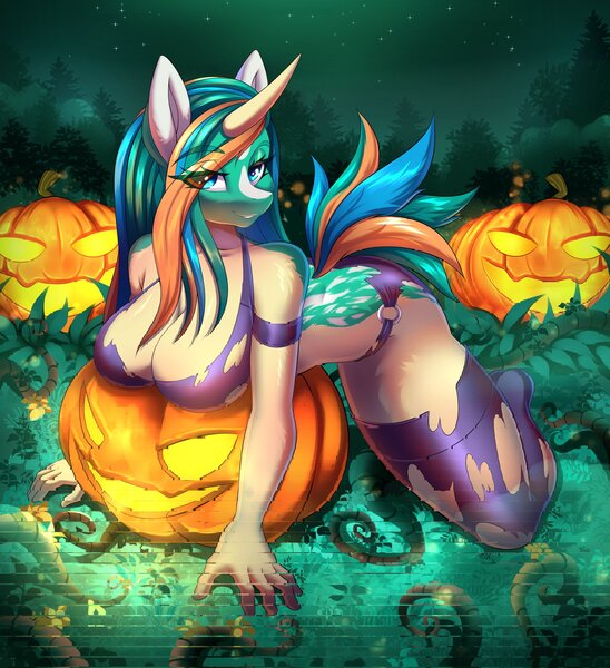 Size: 1870x2048 | Tagged: artist needed, suggestive, derpibooru import, oc, oc:sunny sandbar, unofficial characters only, anthro, unicorn, almost nude, ass, big breasts, breasts, butt, clothes, female, forest, grass, halloween, holiday, image, jack-o-lantern, jpeg, pumpkin, scenery, scenery porn, sexy, smiling, socks, thigh highs, torn clothes, tree, wardrobe malfunction