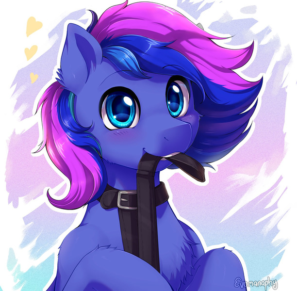 Size: 2000x1961 | Tagged: safe, artist:evomanaphy, edit, oc, oc:midnight haze, unofficial characters only, pony, blushing, collar, floating heart, heart, image, jpeg, leash, looking at you, mouth hold, solo