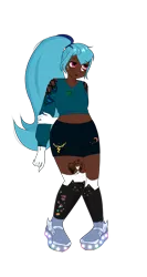 Size: 4032x7560 | Tagged: safe, artist:idkhesoff, derpibooru import, sonata dusk, human, belly button, cat socks, chubby, clothes, dark skin, derpibooru exclusive, eyebrow piercing, female, gloves, humanized, image, lip piercing, midriff, nose piercing, nose ring, piercing, plump, png, shirt, shoes, shorts, simple background, snake bites, sneakers, socks, solo, stockings, tattoo, thigh highs, transparent background