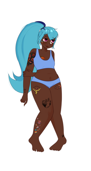 Size: 4032x7560 | Tagged: safe, artist:idkhesoff, derpibooru import, sonata dusk, human, barefoot, belly button, blue underwear, bra, chubby, clothes, dark skin, derpibooru exclusive, eyebrow piercing, feet, female, humanized, image, lip piercing, nose piercing, nose ring, panties, piercing, plump, png, simple background, snake bites, solo, tattoo, transparent background, underwear