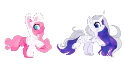 Size: 1843x930 | Tagged: safe, artist:cabbage-arts, artist:vernorexia, derpibooru import, princess silver swirl, oc, earth pony, pony, unicorn, adoptable, animal costume, base used, blue eyes, bunny costume, clothes, colored hooves, costume, duo, ethereal mane, food, g2, g2 to g4, g4, galaxy mane, generation leap, gray mane, honey, hoodie, image, markings, multicolored hair, pink coat, pink mane, png, princess, redesign, swirls, tinsel