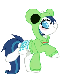 Size: 994x1111 | Tagged: safe, artist:cabbage-arts, artist:vernorexia, derpibooru import, oc, earth pony, frog, pony, adoptable, blue eyes, blue hair, clothes, female, frog costume, g2, g2 to g4, g4, generation leap, hood, hoodie, image, markings, png, redesign, solo, waterlily, white coat