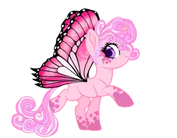 Size: 1811x1421 | Tagged: safe, artist:cabbage-arts, artist:vernorexia, derpibooru import, oc, butterfly, butterfly pony, hybrid, insect, pony, unicorn, barbie, base used, coat markings, colored wings, curly mane, dappled, female, g2, gradient horn, horn, image, long tail, mariposa, markings, multicolored mane, multicolored wings, pink coat, pink mane, pink wings, png, princess, princess twinkle star, purple mane, redesign, shaved mane, short mane, socks (coat markings), solo, spots, tail, undercut, white mane, wings
