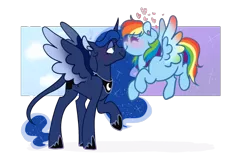Size: 500x313 | Tagged: safe, artist:bubaiuv, princess luna, rainbow dash, alicorn, pegasus, pony, blushing, colored wings, ethereal mane, eyes closed, female, floating heart, flying, heart, image, jewelry, leonine tail, lesbian, lunadash, mare, multicolored wings, png, profile, rainbow wings, raised hoof, regalia, shipping, simple background, standing, transparent background, wings