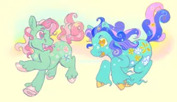 Size: 500x288 | Tagged: safe, artist:fablewave, minty, seaflower, earth pony, pony, colored hooves, duo, duo female, female, g3, heart eyes, image, mare, open mouth, png, running, simple background, tongue out, unshorn fetlocks, wingding eyes