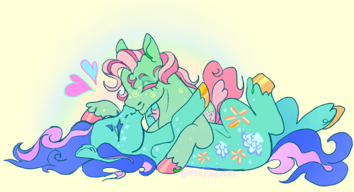 Size: 500x271 | Tagged: safe, artist:fablewave, minty, seaflower, earth pony, pony, colored hooves, eyes closed, female, g3, heart, image, kissing, lesbian, lying down, mare, png, shipping, simple background, unshorn fetlocks