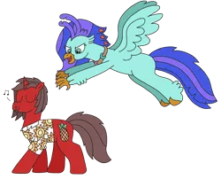 Size: 2899x2345 | Tagged: safe, artist:supahdonarudo, derpibooru import, oc, oc:ironyoshi, oc:sea lilly, unofficial characters only, classical hippogriff, hippogriff, unicorn, clothes, image, jewelry, necklace, newbie artist training grounds, png, pounce, shirt, simple background, transparent background, walking, whistle