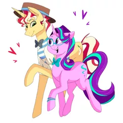 Size: 500x500 | Tagged: safe, artist:agent-sketch-pad, flim, starlight glimmer, pony, unicorn, bowtie, bracelet, clothes, couple, female, floating heart, glasses, hat, heart, hipster, image, looking at each other, male, mare, open mouth, png, shipping, simple background, smiling, stallion, straight, white background