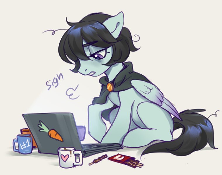 Size: 2816x2224 | Tagged: safe, artist:lunnita_pony, derpibooru import, oc, unofficial characters only, pegasus, pony, cloak, clothes, coffee, computer, food, image, jpeg, laptop computer, lidded eyes, messy mane, pocky, sigh, solo, tired