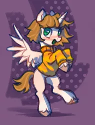 Size: 1756x2300 | Tagged: safe, artist:lunnita_pony, derpibooru import, oc, unofficial characters only, alicorn, pony, alicorn oc, blushing, clothes, horn, image, jpeg, looking at you, smiling, solo, spread wings, sweater, wings