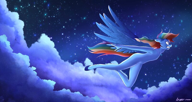 Size: 2048x1090 | Tagged: safe, artist:alfunezart, derpibooru import, rainbow dash, anthro, pegasus, unguligrade anthro, angry, barbie doll anatomy, breasts, cloud, complete nudity, delicious flat chest, eyebrows, featureless breasts, female, floppy ears, flying, frown, gritted teeth, image, jpeg, night, rainbow flat, solo, spread wings, teeth, wide eyes, wings