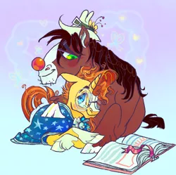 Size: 764x760 | Tagged: safe, artist:fablewave, sunburst, trouble shoes, earth pony, pony, unicorn, blaze (coat marking), blushing, book, clothes, clown nose, coat markings, colored hooves, cuddling, ear fluff, facial hair, facial markings, gay, glasses, goatee, gradient background, hat, heart, image, looking at each other, lying down, male, open book, png, robe, shipping, smiling at each other, socks (coat marking), stallion, sunburst's robe, unshorn fetlocks