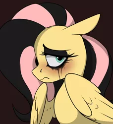 Size: 1264x1388 | Tagged: safe, artist:arume_lux, derpibooru import, fluttershy, pegasus, pony, emoshy, eyeshadow, female, image, looking at you, makeup, mare, png, running makeup, sad, solo