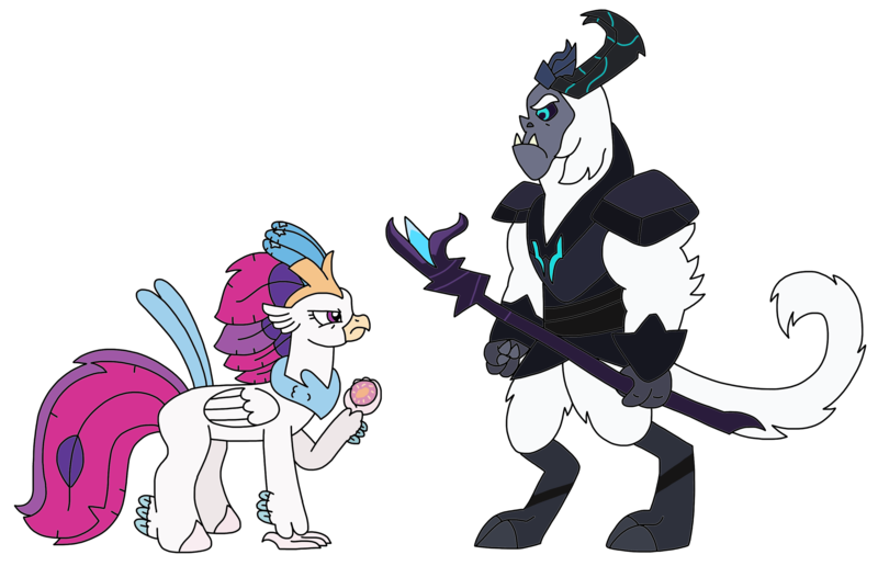 Size: 3066x1979 | Tagged: safe, artist:supahdonarudo, derpibooru import, queen novo, storm king, classical hippogriff, hippogriff, yeti, my little pony: the movie, atg 2022, image, imminent violence, looking at each other, looking at someone, newbie artist training grounds, pearl, png, queen novo's orb, simple background, staff, staff of sacanas, transparent background