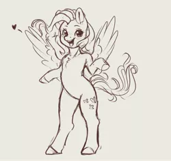 Size: 3176x3004 | Tagged: safe, artist:miokomata, derpibooru import, fluttershy, pegasus, pony, semi-anthro, beige background, chest fluff, cute, female, floating heart, freckles, freckleshy, heart, image, jpeg, mare, monochrome, open mouth, open smile, shyabetes, simple background, smiling, solo, spread wings, wings