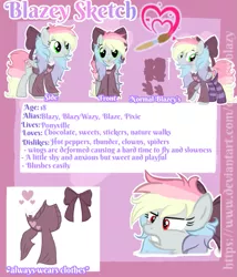 Size: 827x966 | Tagged: safe, artist:blazyplazy, derpibooru import, oc, oc:blazey sketch, unofficial characters only, pegasus, bow, clothes, cutie mark, front view, green eyes, hair bow, height difference, image, long mane, long tail, multicolored hair, png, red eyes, side view, small wings, socks, sweater, tail, wings