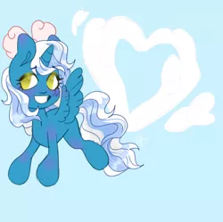 Size: 1242x1238 | Tagged: safe, artist:slothuseless, derpibooru import, oc, oc:fleurbelle, alicorn, pony, alicorn oc, blue background, bow, cloud, female, flying, hair bow, heart, horn, image, jpeg, mare, simple background, wings, yellow eyes