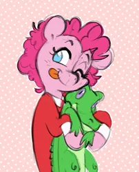 Size: 1280x1587 | Tagged: safe, artist:chub-wub, derpibooru import, gummy, pinkie pie, alligator, earth pony, pony, :p, alternate hairstyle, annie, clothes, cosplay, costume, crossover, cute, diapinkes, female, image, jpeg, little orphan annie, mare, one eye closed, shirt, short hair, solo, tongue out, wink