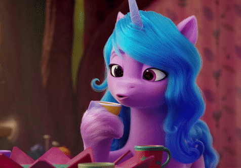 Size: 476x332 | Tagged: safe, derpibooru import, screencap, izzy moonbow, my little pony: a new generation, animated, cup, g5, gif, image, sad