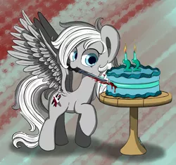 Size: 3300x3100 | Tagged: safe, artist:hisp, derpibooru import, oc, oc:silver edge, unofficial characters only, pegasus, pony, birthday, cake, commission, cute, fake blood, female, food, image, jelly, jpeg, knife, long hair, pegasus oc, simple background, solo, solo female, spread wings, table, wings