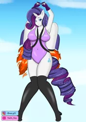 Size: 2894x4093 | Tagged: suggestive, artist:neogustav, derpibooru import, rarity, anthro, unicorn, breasts, busty rarity, clothes, flying, image, jetpack, jpeg, leotard, rarithighs, sky, thighs, thong leotard, thunder thighs