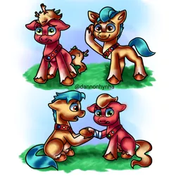 Size: 1378x1378 | Tagged: safe, artist:dannonhynha, derpibooru import, hitch trailblazer, sprout cloverleaf, earth pony, pony, friendship is magic, annoyed, blushing, childhood, digital art, drawing, drawn on phone, ear blush, g5, gay, grass, helping, hitchsprout, image, looking at each other, looking at someone, looking down, looking up, male, nervous, png, scout, scout uniform, shipping, simple background, sky, smiling, worried
