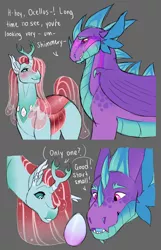 Size: 1888x2933 | Tagged: safe, artist:felinenostalgic, derpibooru import, ocellus, spike, dragon, blushing, changedling queen, changeling egg, female, gray background, image, male, older, older ocellus, older spike, png, quadrupedal spike, shipping, simple background, straight, winged spike, wings