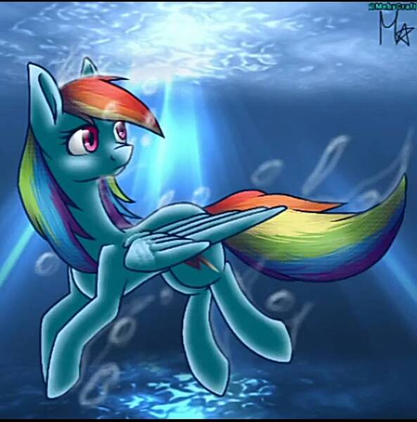 Size: 720x728 | Tagged: safe, artist:felizcumpley, derpibooru import, rainbow dash, pegasus, pony, bubble, crepuscular rays, digital art, female, folded wings, image, jpeg, mare, multicolored hair, ocean, pink eyes, rainbow hair, signature, solo, sunlight, swimming, underwater, water, wings