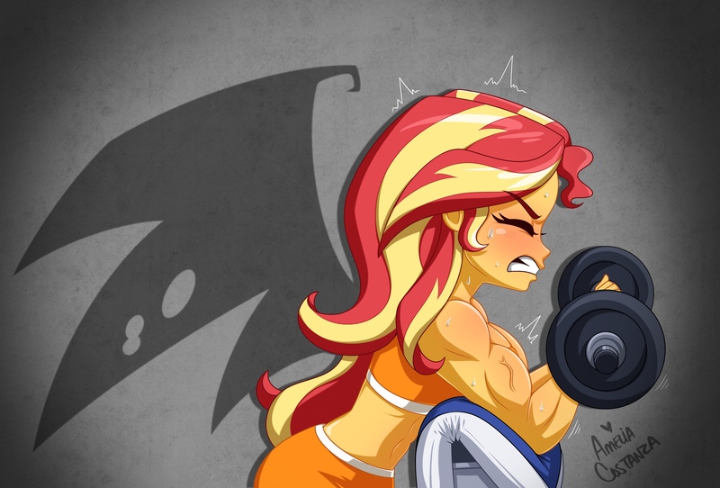 Size: 3546x2403 | Tagged: suggestive, artist:ameliacostanza, derpibooru import, sunset shimmer, equestria girls, barbell, commission, female, high res, image, implied sunset satan, jpeg, muscles, muscular female, sunset lifter, weights, workout
