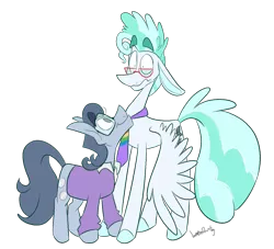 Size: 1323x1200 | Tagged: safe, artist:vampiredrooling, derpibooru import, feather flatterfly, silver shill, earth pony, pegasus, pony, colored hooves, duo, glasses, image, male, necktie, png, simple background, stallion, transparent background