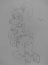 Size: 3120x4160 | Tagged: suggestive, artist:lewis20, derpibooru import, sour sweet, dance magic, equestria girls, spoiler:eqg specials, ass, butt, butt freckles, chair, clothes, dress, freckles, image, jpeg, kneeling, looking at you, sour seat, thighs, traditional art, underwear